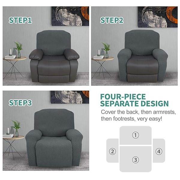 YEMYHOM YEMYHOM 4 Pieces Stretch Recliner Slipcover Jacquard Anti-Slip Fitted Cover with Side Pocket Dark Gray Couch Furniture Protector - View 9 of 9