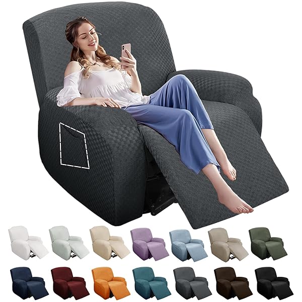 YEMYHOM YEMYHOM 4 Pieces Stretch Recliner Slipcover Jacquard Anti-Slip Fitted Cover with Side Pocket Dark Gray Couch Furniture Protector - View 3 of 9