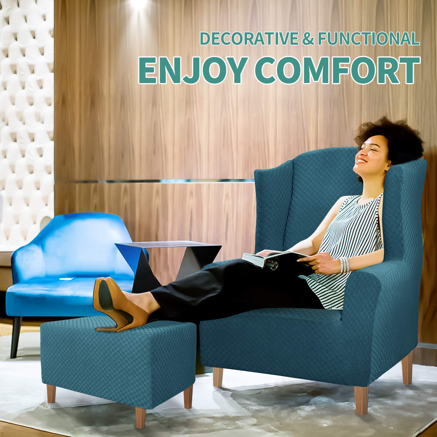 YEMYHOM YEMYHOM Ottoman Cover Jacquard Design High Stretch Folding Storage Footstool Protector Rectangle Removable Slipcover Peacock Blue X-Large - View 2 of 7