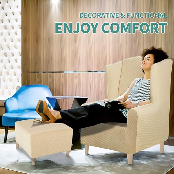 YEMYHOM YEMYHOM High Stretch Jacquard Ottoman Cover Removable Slipcover for Small Rectangle Footstool in Beige - View 3 of 8