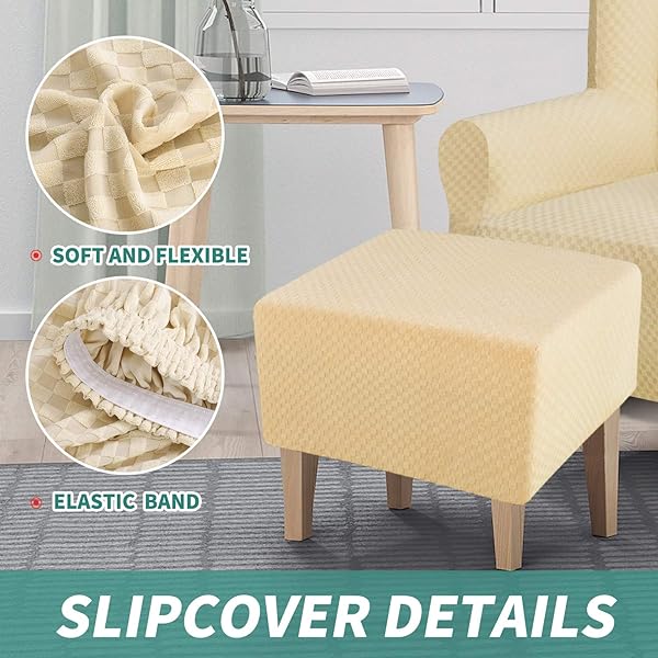 YEMYHOM YEMYHOM High Stretch Jacquard Ottoman Cover Removable Slipcover for Small Rectangle Footstool in Beige - View 5 of 8