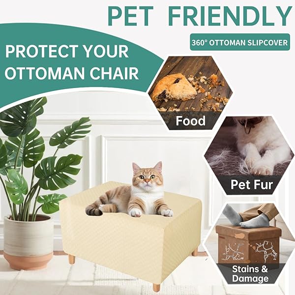 YEMYHOM YEMYHOM High Stretch Jacquard Ottoman Cover Removable Slipcover for Small Rectangle Footstool in Beige - View 6 of 8