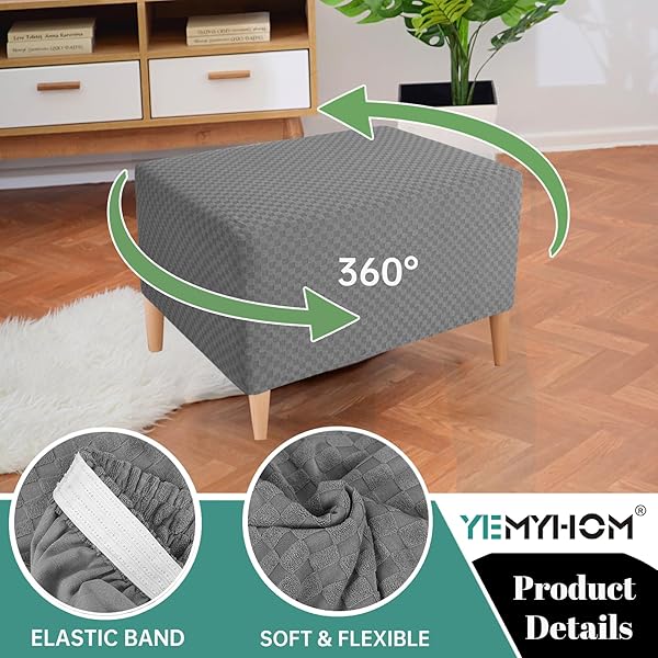 YEMYHOM YEMYHOM Light Gray Ottoman Cover High Stretch Jacquard Design Removable Slipcover for Folding Storage Footstool Rectangle Large - View 5 of 9