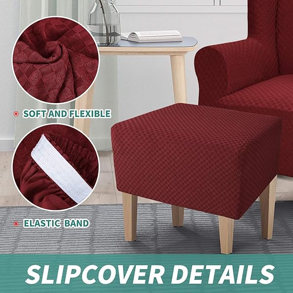 YEMYHOM YEMYHOM Jacquard Ottoman Cover High Stretch Folding Storage Footstool Protector Rectangle Removable Slipcover Christmas Wine Red - View 4 of 8
