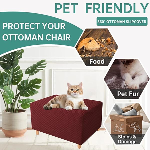 YEMYHOM YEMYHOM Jacquard Ottoman Cover High Stretch Folding Storage Footstool Protector Rectangle Removable Slipcover Christmas Wine Red - View 6 of 8