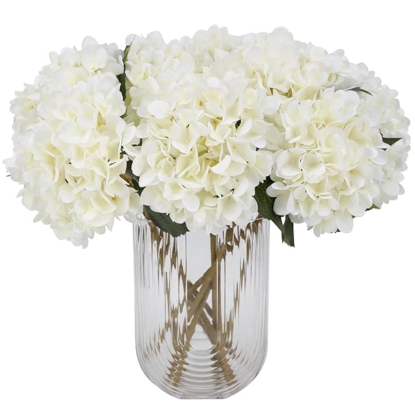 Tifuly Tifuly White Hydrangea Artificial Flowers 5 pcs Realistic Long Stem Fake Silk Bouquets for Wedding Party Home Office Decor