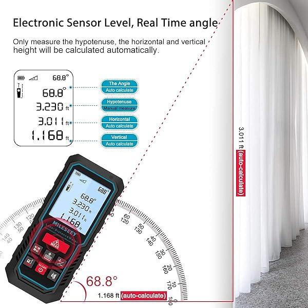 MiLESEEY MiLESEEY 229ft Digital Laser Measure Device with Electronic Angle Sensor and 2mm Accuracy for Area Volume and Pythagoras Measurements - View 3 of 9