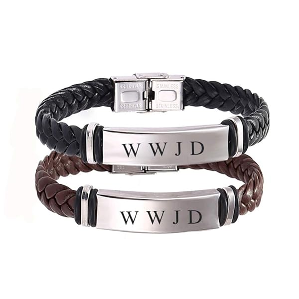Sunling Dainty Braided Leather WWJD Bracelet 2 Pack Inspirational Religious Jewelry Gift for Men and Women