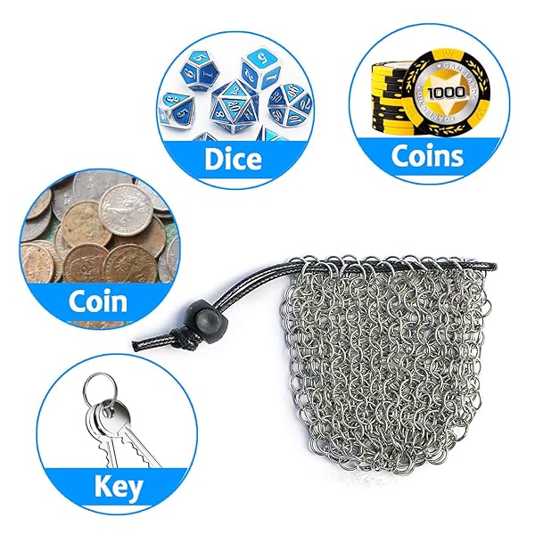 YOUSHARES YOUSHARES Drawstring Game Dice Bag Stainless Steel Chainmail DND Pouch for Metal Polyhedral Dice Set - View 6 of 7