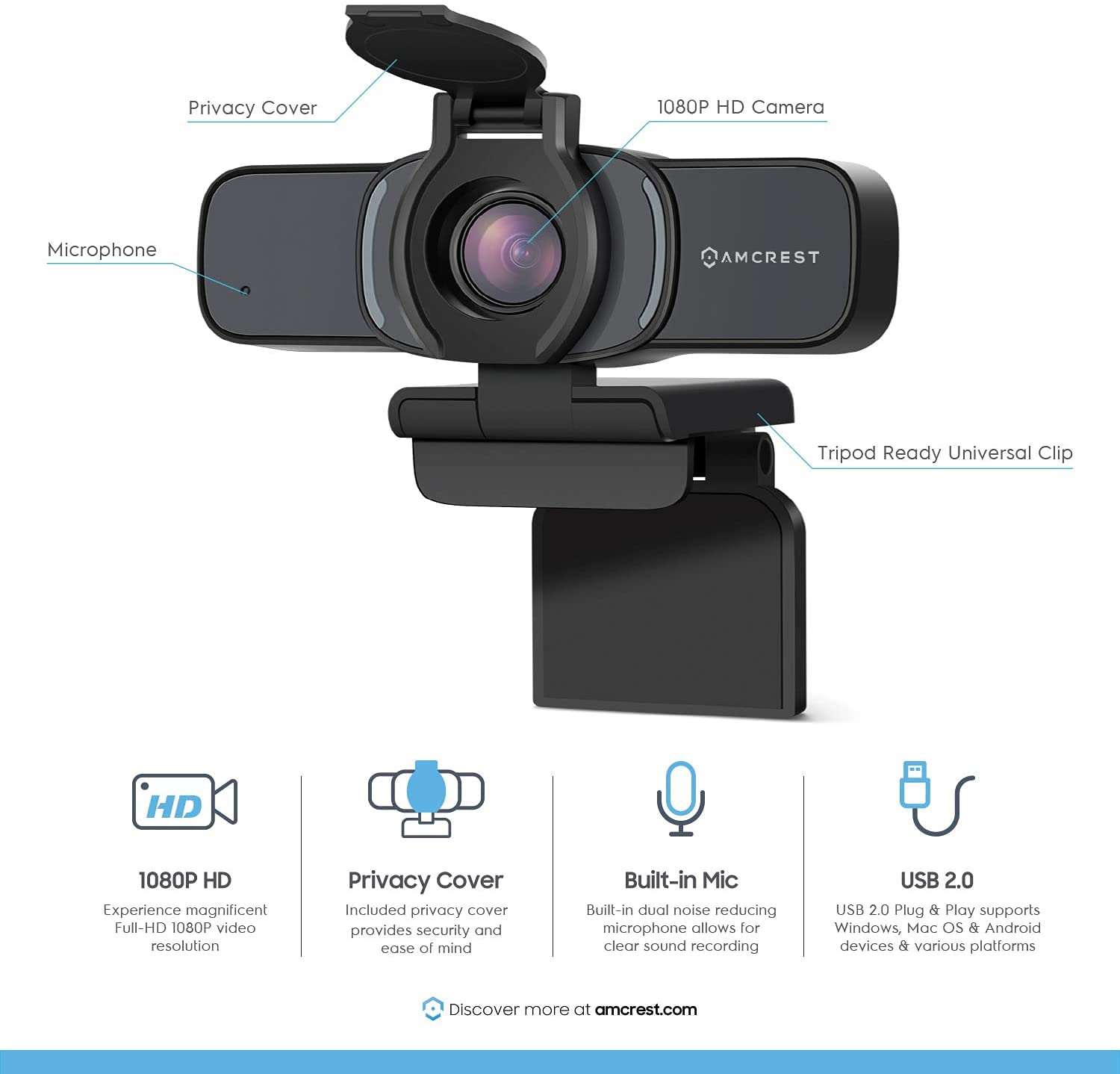 Amcrest Amcrest 1080P Webcam with Microphone and Privacy Cover for PC Desktop and Laptop HD Streaming Wide Angle Lens and Large Sensor - View 2 of 7