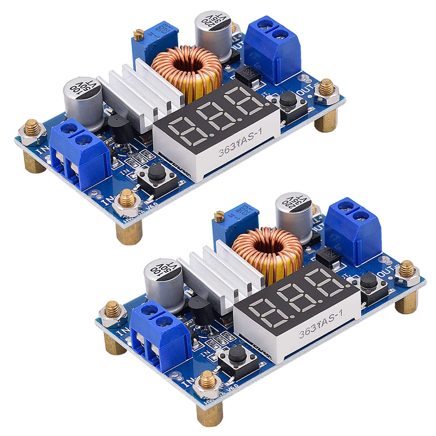 2 Pack DC-DC 5A Buck Converter 4-38V to 1.25-36V - High Power Voltage Regulator with LED Display