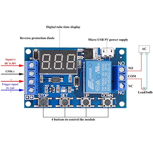 Valefod DC 6-30V Timer Relay Module 2 Pack Programmable Delay Cycle Timer with LED Display and 5V Micro USB for Smart Home Control - View 3 of 8