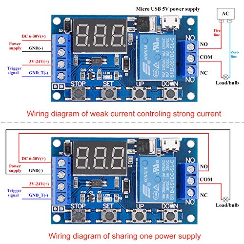 Valefod DC 6-30V Timer Relay Module 2 Pack Programmable Delay Cycle Timer with LED Display and 5V Micro USB for Smart Home Control - View 5 of 8
