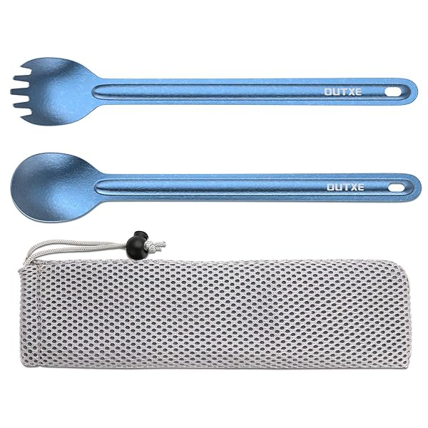 OUTXE OUTXE Titanium Camping Utensil: Ultra Lightweight Long Handle Spoon & Spork for Backpacking & Hiking - Ice-Crystal Blue