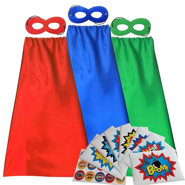 ADJOY ADJOY Superhero Capes and Masks for Kids with Stickers Perfect for Birthday Party Dress Up Costume in Red Green Blue 3 Sets