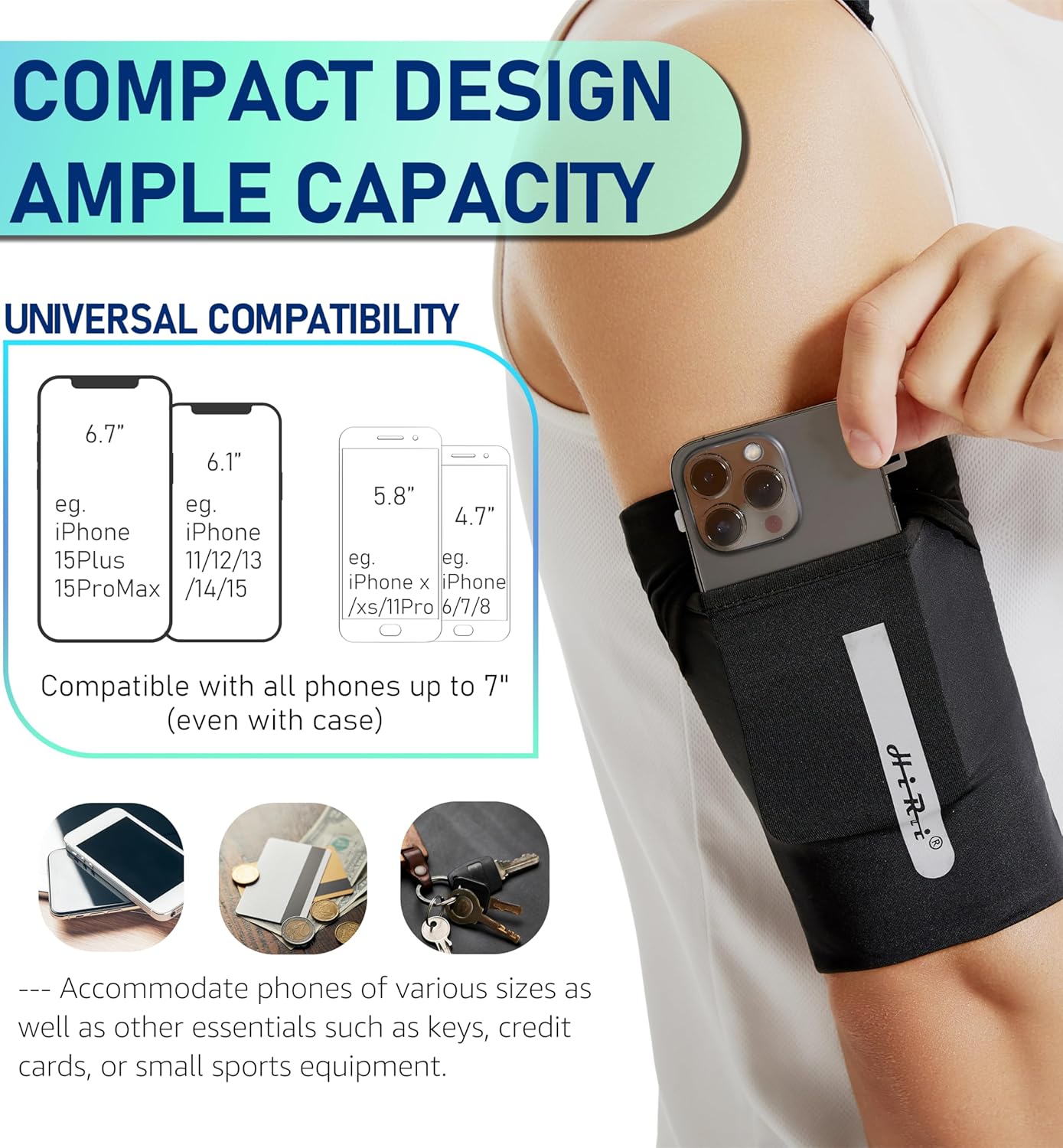 HiRui HiRui Universal Sports Running Armband Sleeve for iPhone 15 14 13 Plus Pro Samsung Galaxy All Phones Black - View 5 of 7