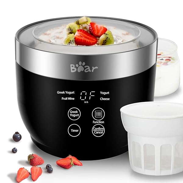 Bar Bear Yogurt Maker: Automatic Greek Yogurt Machine with Timer, Strainer & 2 Glass Jars for Home-Made Organic Yogurt & Cheese