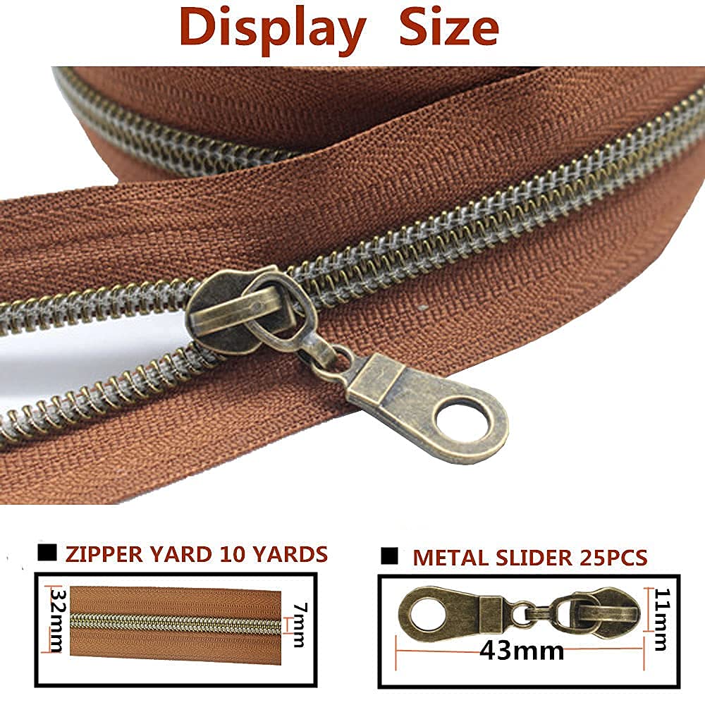 MebuZip Buy MebuZip #5 Antique Brass Nylon Coil Zippers - 10 Yards with 25 Pulls for DIY Sewing & Craft Projects (Brown) - View 3 of 6