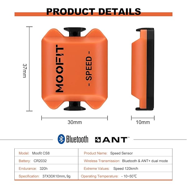 moofit Moofit Bike Speed Sensor Bluetooth ANT Wireless RPM Cadence Sensor for Wahoo Coosporide Rouvy Peloton IP67 Waterproof Orange - View 3 of 7