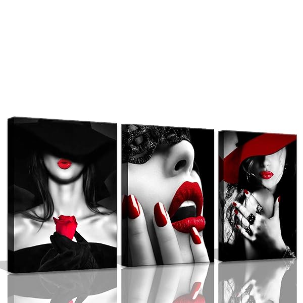 PulsatingFingertip Chic Bedroom & Bathroom Decor: Red Lips, Black & White Art, Red Rose Canvas - Modern 3-Piece Wall Art for Home & Office