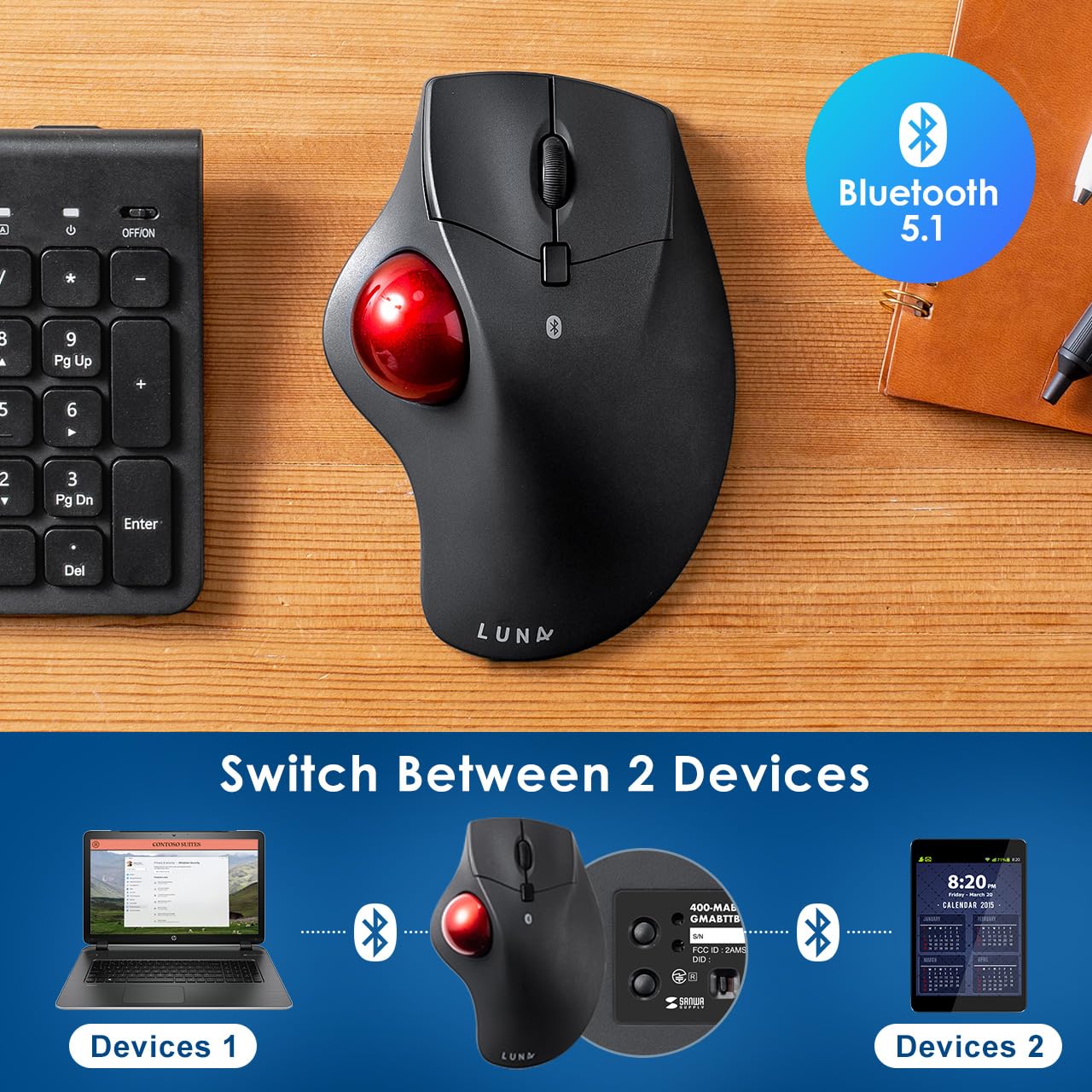 SANWA SANWA Bluetooth Wireless Ergonomic Trackball Mouse with Programmable Silent Buttons and 40mm Trackball for MacBook and Windows - View 6 of 9