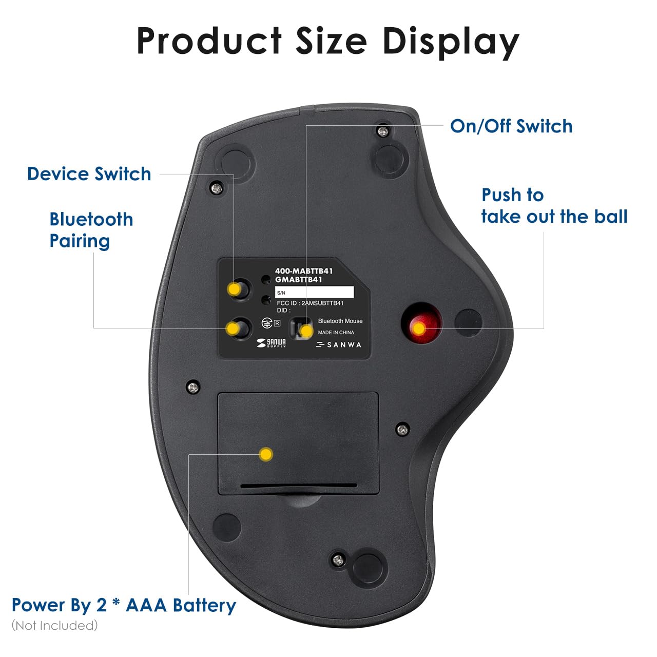 SANWA SANWA Bluetooth Wireless Ergonomic Trackball Mouse with Programmable Silent Buttons and 40mm Trackball for MacBook and Windows - View 8 of 9