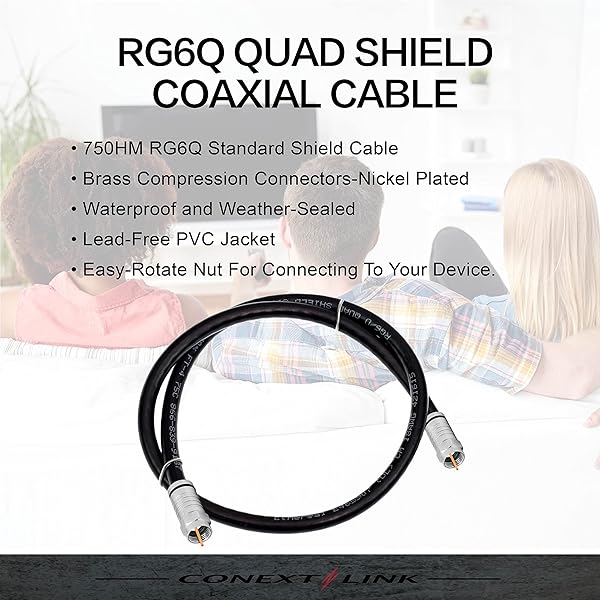 Conext Link Conext Link RG6 Quad Shield Coaxial Cable F Connector 18 AWG 3GHZ 75 Ohm for Satellite TV 2FT Black - View 5 of 7