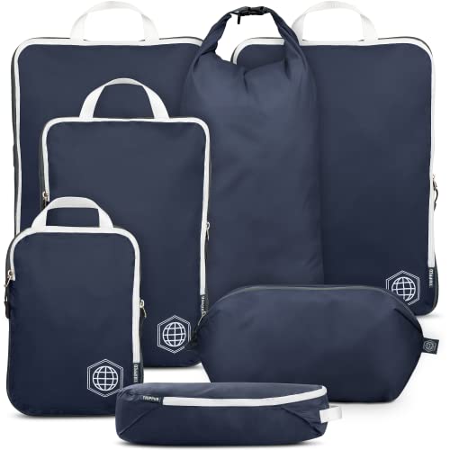 TRIPPED Travel Gear Extra Large Packing Cubes Set - Ultralight Compression Luggage Organizers for Travel | 7 Piece Navy/White by TRIPPED Travel Gear