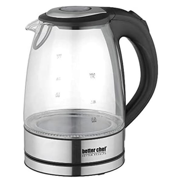 Better Chef Better Chef Cordless Electric Kettle | 7-Cup Borosilicate Glass | LED Light | Thumb On-Off and Lid Open | 360-deg Swivel Base | Auto Boil-Dry Shut-Off | Stainless