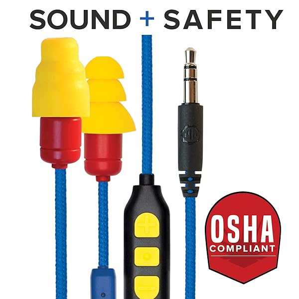 Plugfones Plugfones Protector Plus VL: Noise-Reducing Earplug Earbuds with Mic & Controls - Blue & Yellow - View 3 of 10