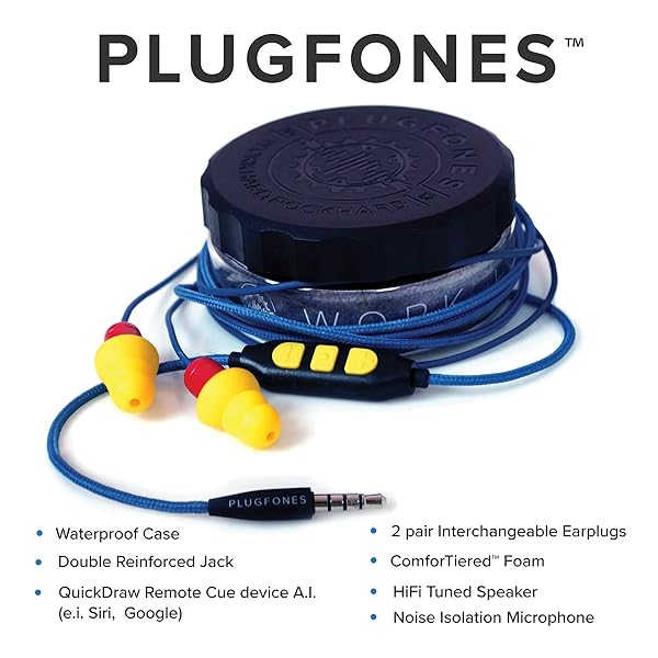 Plugfones Plugfones Protector Plus VL: Noise-Reducing Earplug Earbuds with Mic & Controls - Blue & Yellow - View 4 of 10