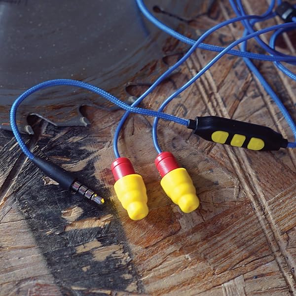 Plugfones Plugfones Protector Plus VL: Noise-Reducing Earplug Earbuds with Mic & Controls - Blue & Yellow - View 8 of 10