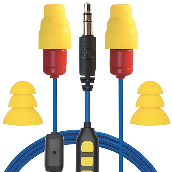 Plugfones Plugfones Protector Plus VL: Noise-Reducing Earplug Earbuds with Mic & Controls - Blue & Yellow - View 2 of 10