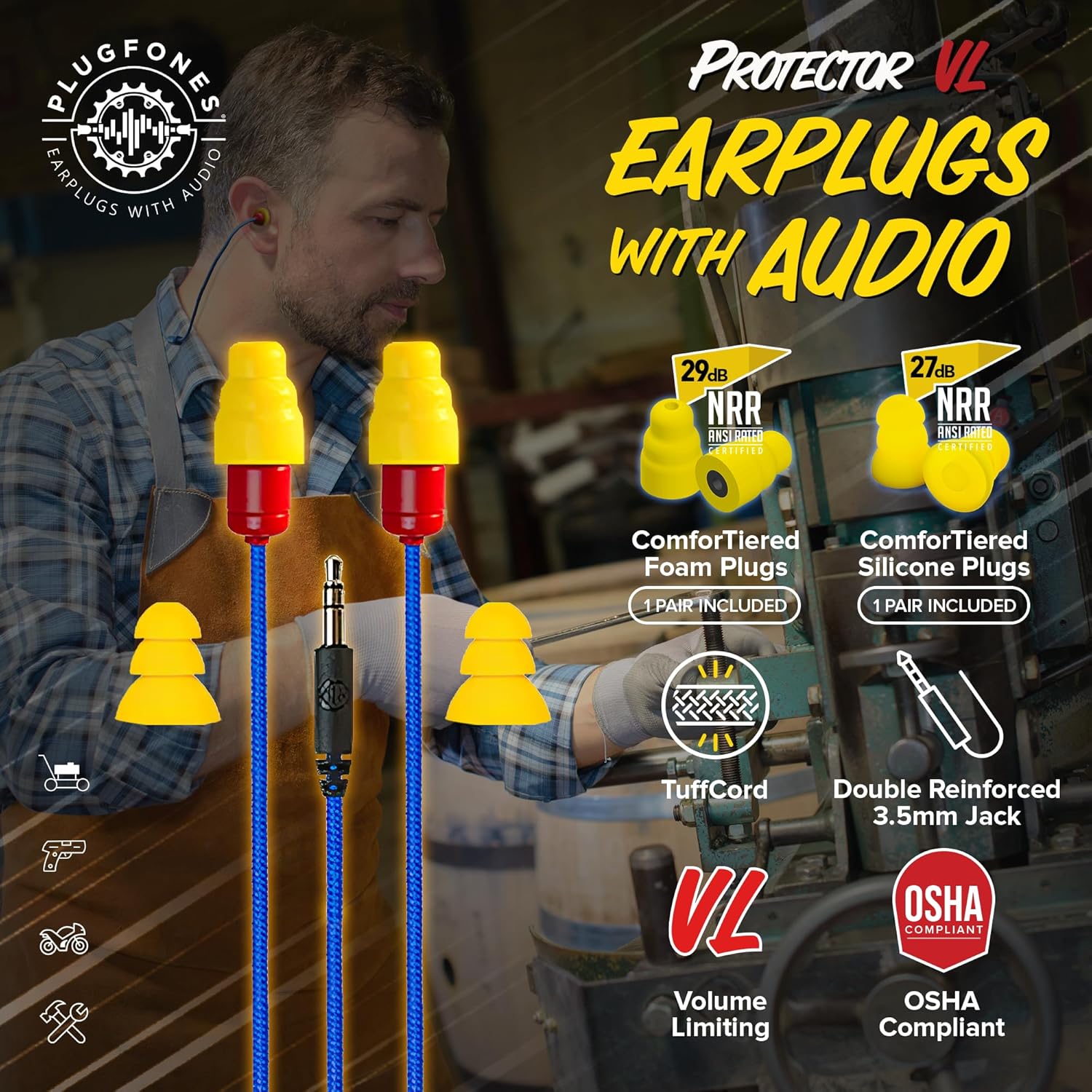 Plugfones Plugfones Protector VL Audio Earbuds OSHA Compliant Earplugs with Sound in Blue and Yellow for Ultimate Hearing Protection - View 2 of 8