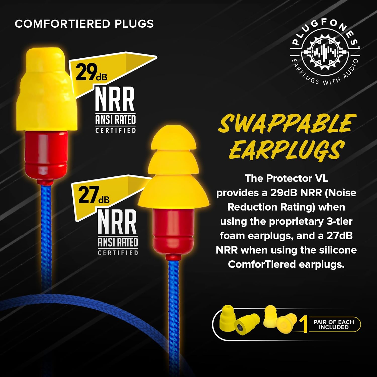 Plugfones Plugfones Protector VL Audio Earbuds OSHA Compliant Earplugs with Sound in Blue and Yellow for Ultimate Hearing Protection - View 4 of 8