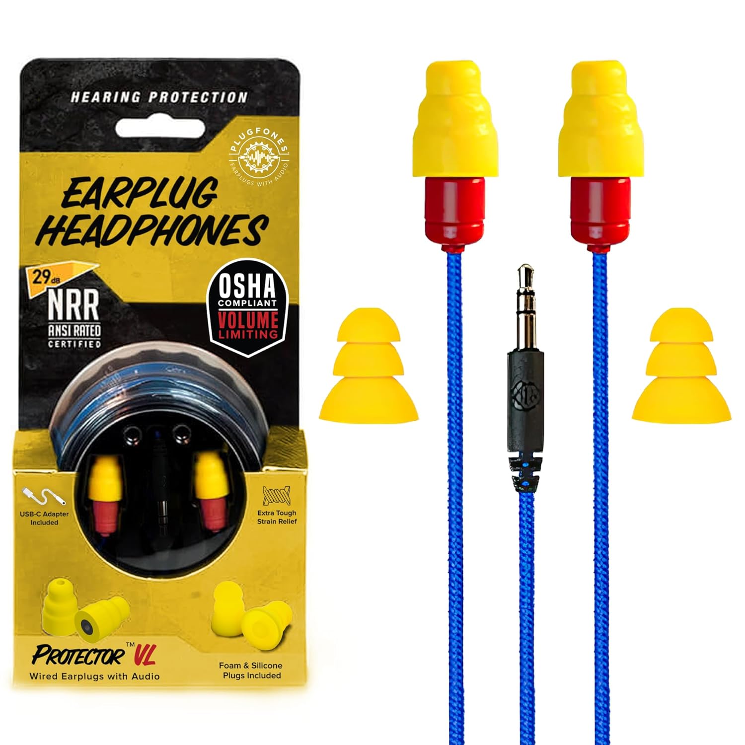 Plugfones Protector VL Audio Earbuds OSHA Compliant Earplugs with Sound in Blue and Yellow for Ultimate Hearing Protection