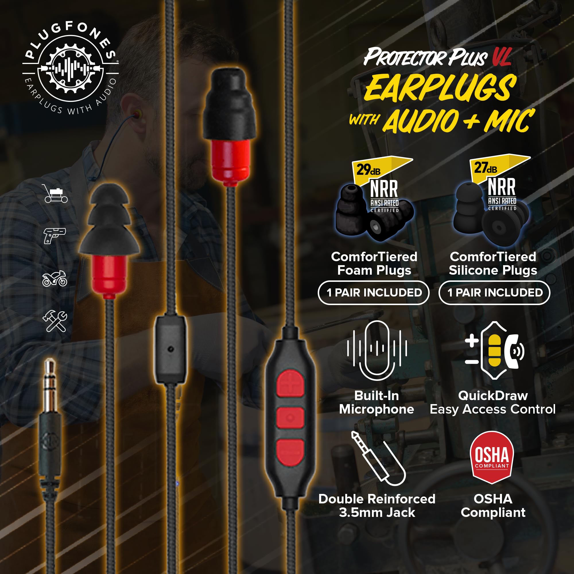 Plugfones Plugfones Protector Plus VL: Noise-Reducing Earplug Earbuds with Mic & Controls - Black & Red - View 2 of 9