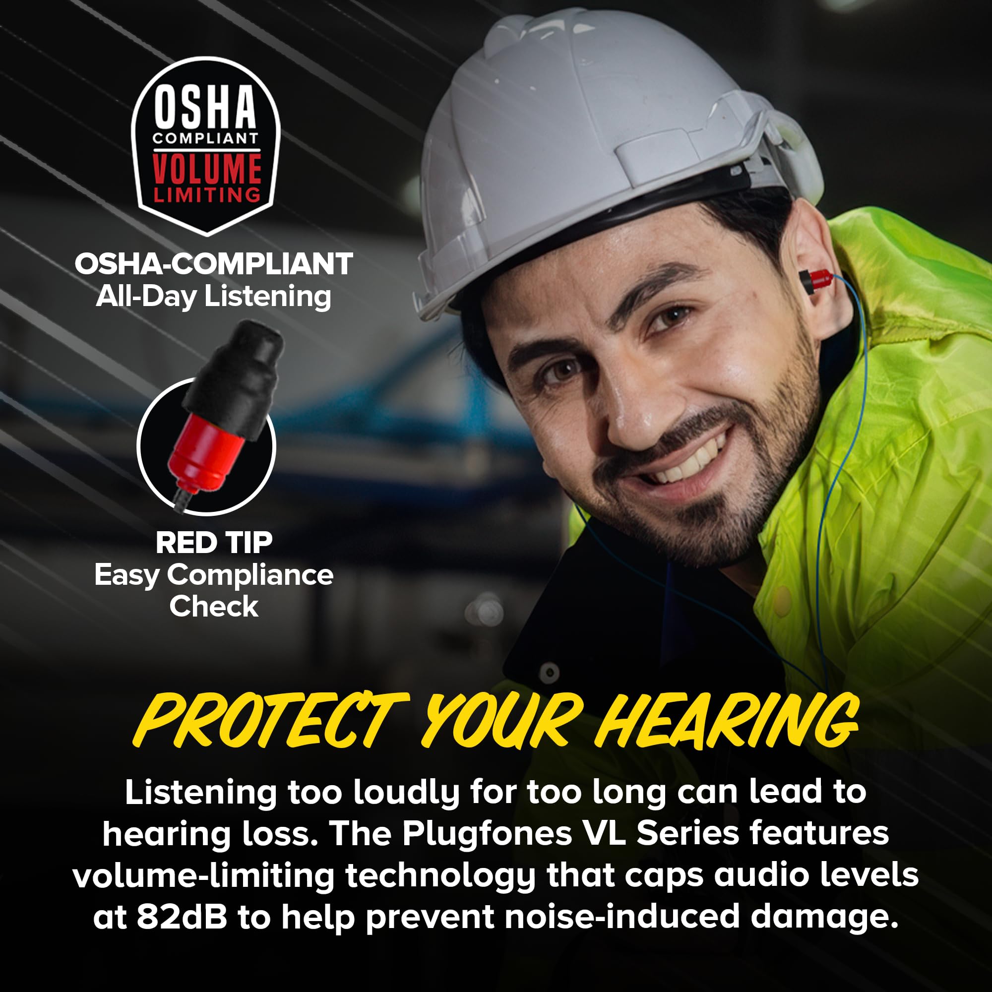 Plugfones Plugfones Protector Plus VL: Noise-Reducing Earplug Earbuds with Mic & Controls - Black & Red - View 3 of 9