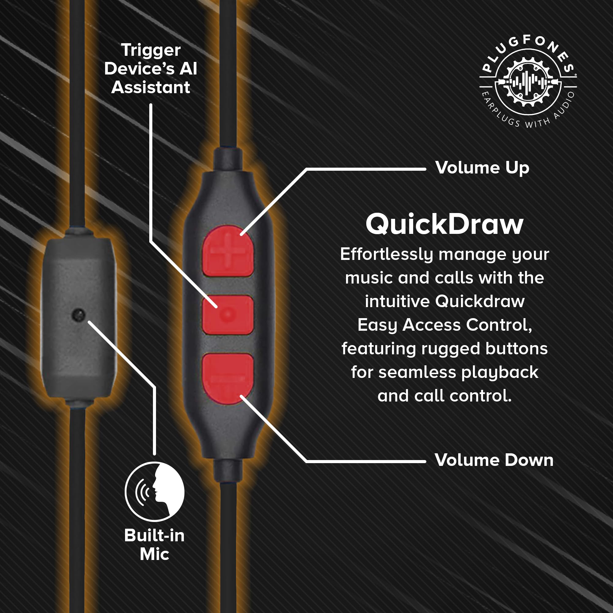 Plugfones Plugfones Protector Plus VL: Noise-Reducing Earplug Earbuds with Mic & Controls - Black & Red - View 5 of 9