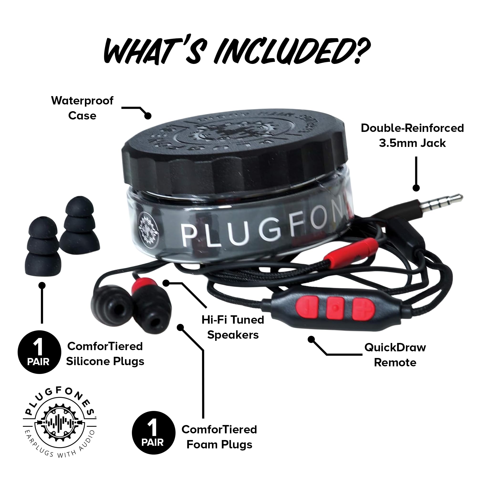 Plugfones Plugfones Protector Plus VL: Noise-Reducing Earplug Earbuds with Mic & Controls - Black & Red - View 6 of 9