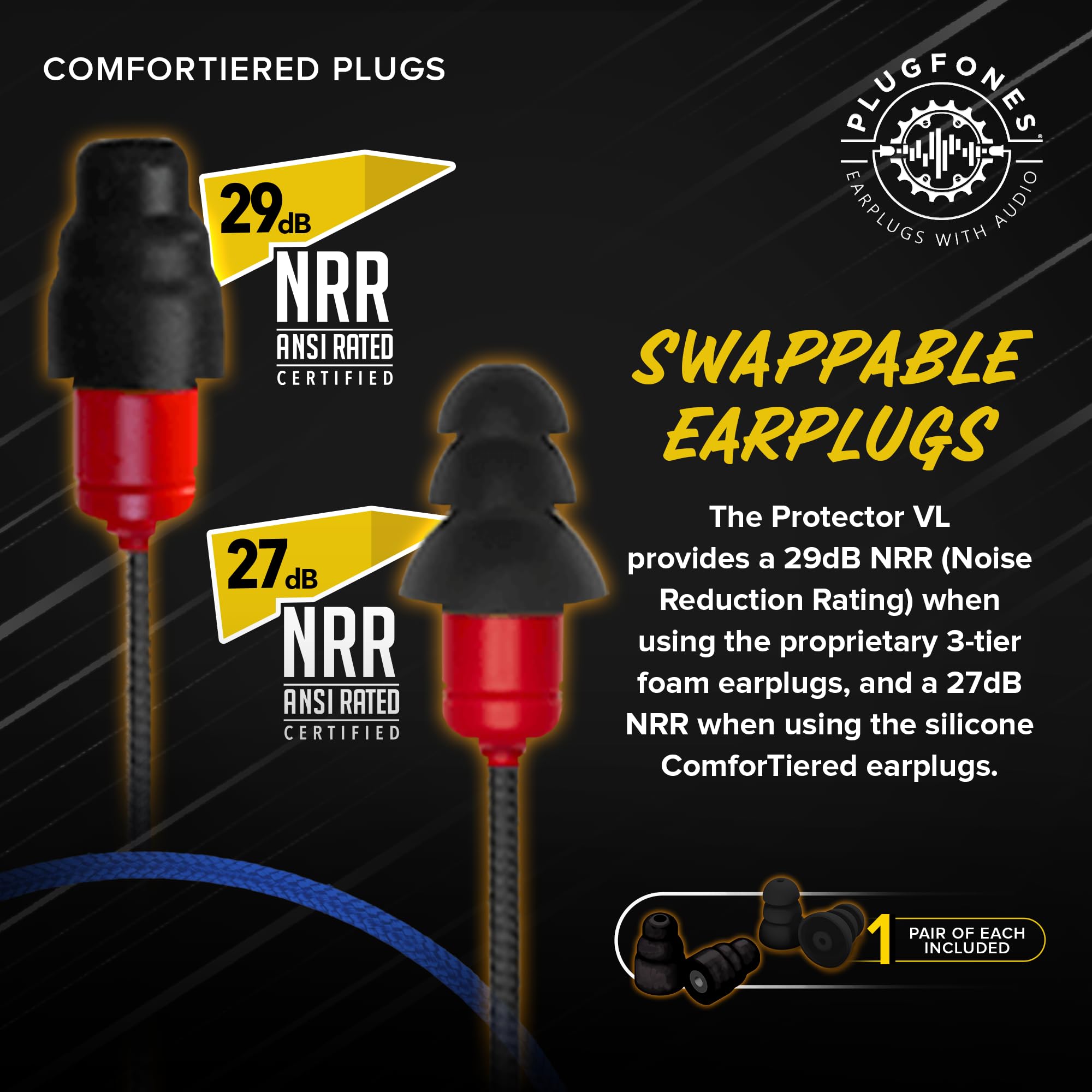 Plugfones Plugfones Protector Plus VL: Noise-Reducing Earplug Earbuds with Mic & Controls - Black & Red - View 7 of 9