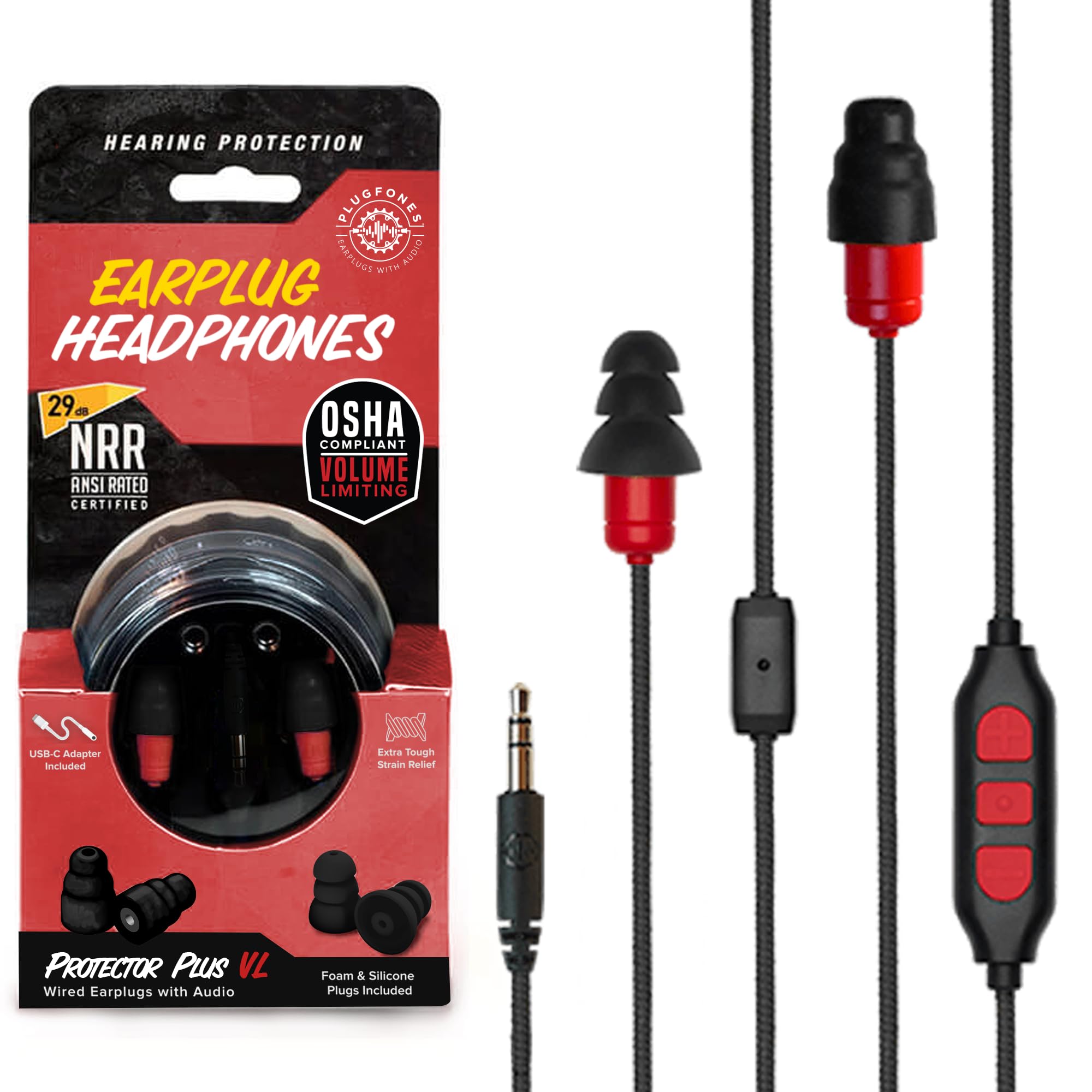 Plugfones Protector Plus VL: Noise-Reducing Earplug Earbuds with Mic & Controls - Black & Red