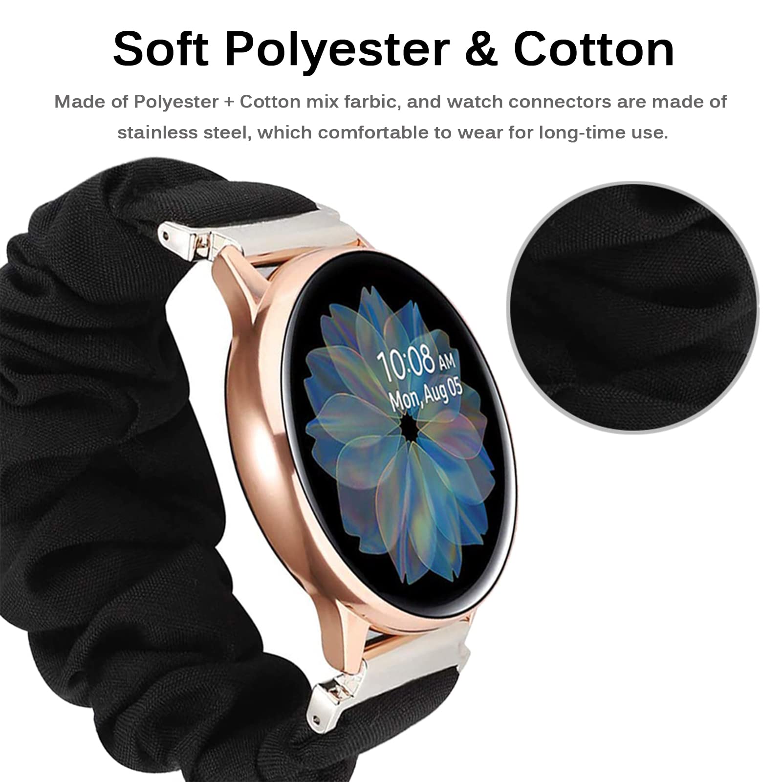 Miimall Miimall 20mm Black Scrunchie Band for Samsung Galaxy Watch 6 5 4 40mm 44mm Watch 5 Pro Classic Active 2 42mm 41mm - View 3 of 7