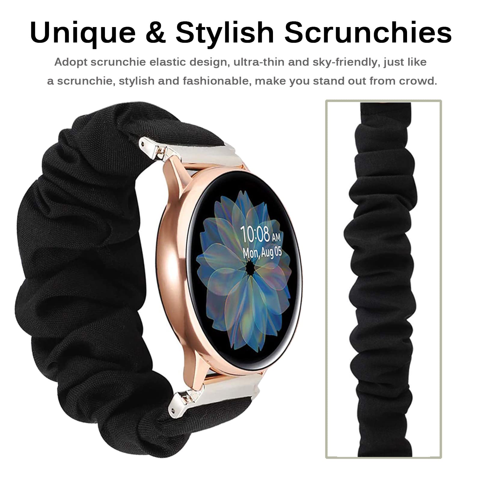 Miimall Miimall 20mm Black Scrunchie Band for Samsung Galaxy Watch 6 5 4 40mm 44mm Watch 5 Pro Classic Active 2 42mm 41mm - View 5 of 7