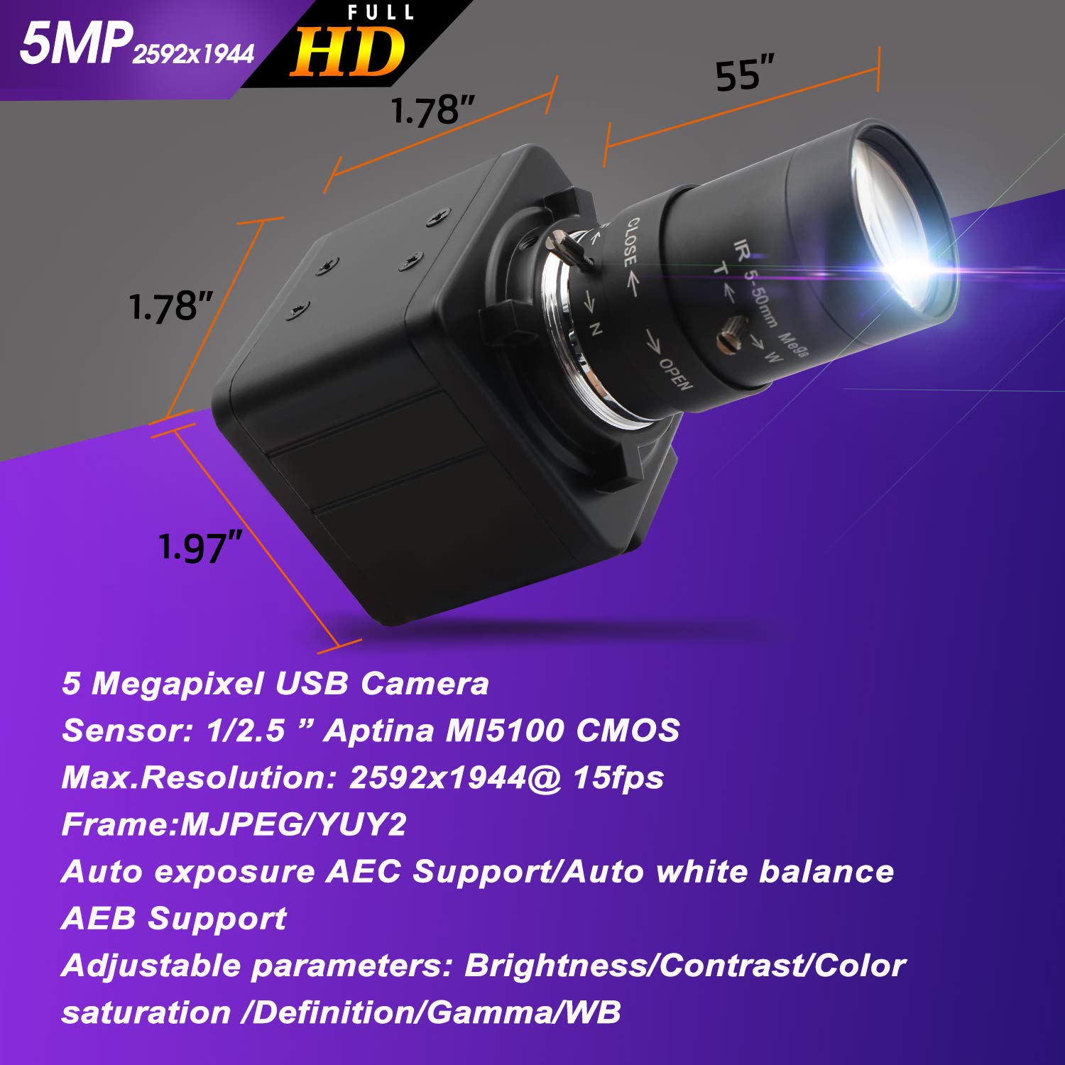 Hotpet Hotpet 5 Megapixel USB Camera with Varifocal Lens HD 2592X1944 for PC Mac Android Windows Linux Plug and Play Mini Box - View 5 of 7