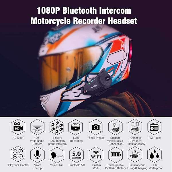 FreedConn FreedConn R1 Plus Motorcycle Helmet Headset: 1000M Bluetooth Intercom for 6 Riders, Waterproof FM Radio & Camera - View 4 of 9