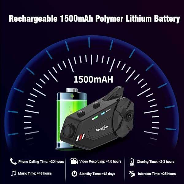 FreedConn FreedConn R1 Plus Motorcycle Helmet Headset: 1000M Bluetooth Intercom for 6 Riders, Waterproof FM Radio & Camera - View 9 of 9