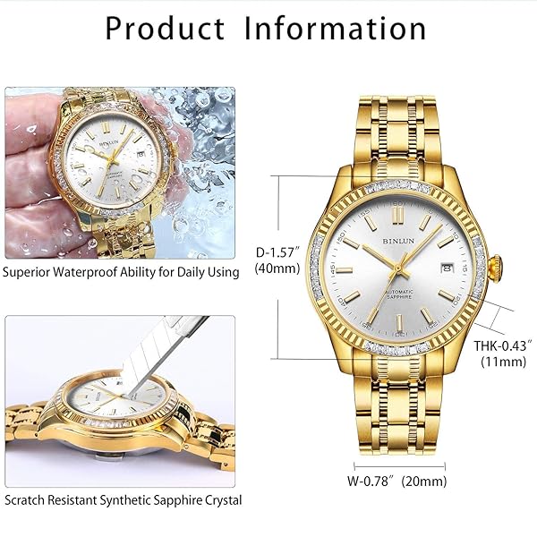 BINLUN BINLUN Men's Automatic Mechanical Wrist Watch 18K Gold Plated Waterproof Luminous Dress Watch with Date Feature - View 3 of 8