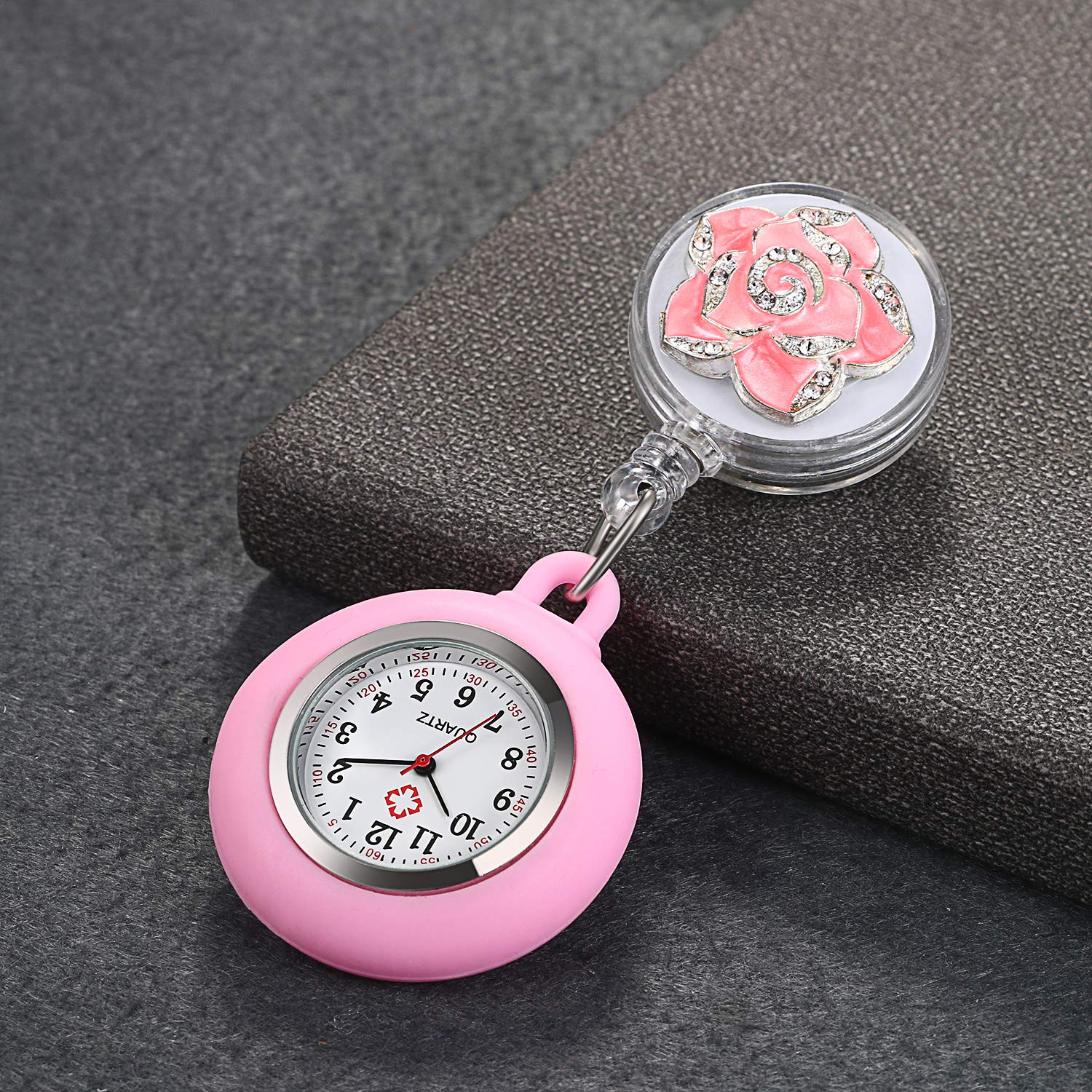 Lancardo Retractable Nurse Watch with Second Hand Clip on Lapel Pink Silicone Cover for Women Stethoscope Fob Pocket Hanging Badge - View 4 of 9