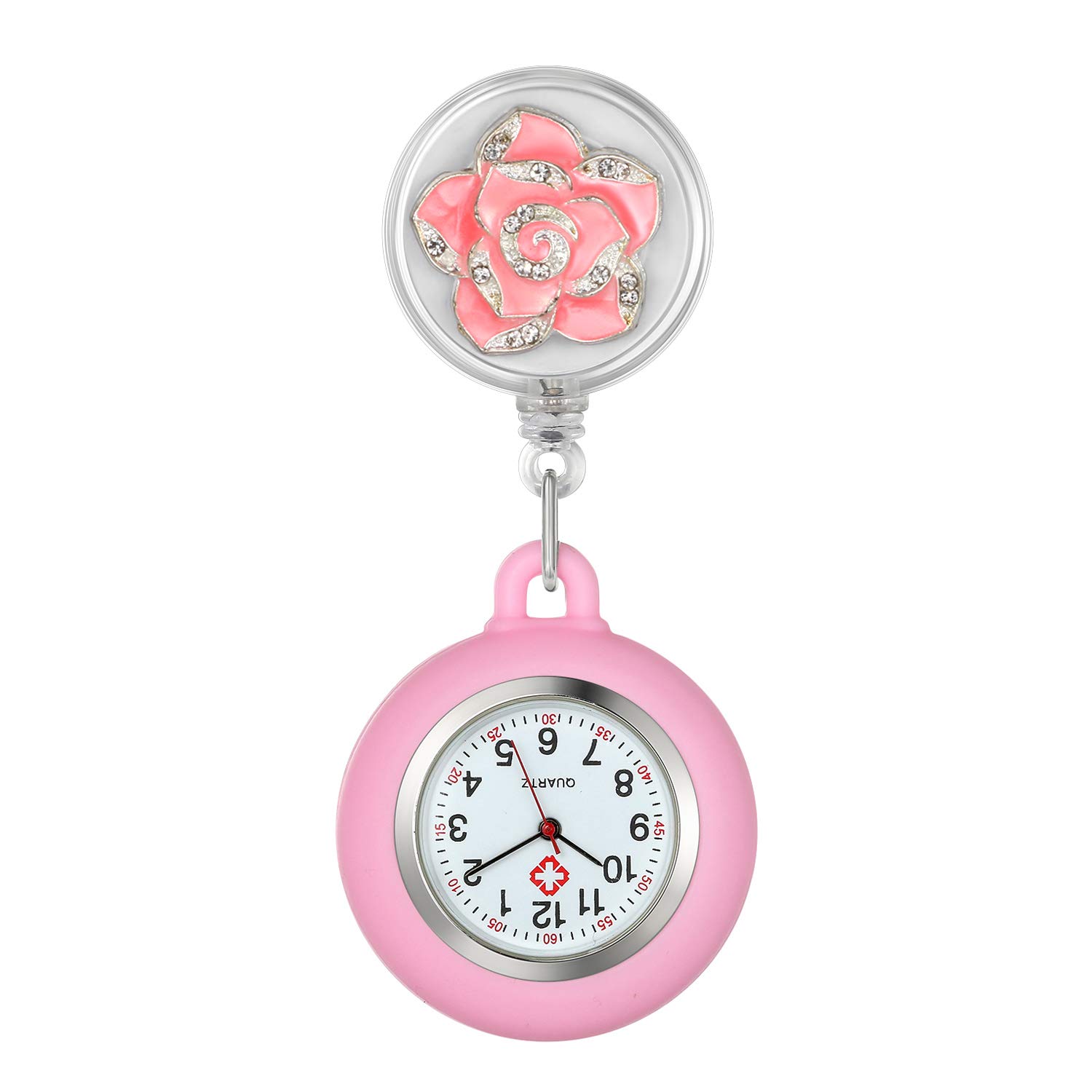 Lancardo Retractable Nurse Watch with Second Hand Clip on Lapel Pink Silicone Cover for Women Stethoscope Fob Pocket Hanging Badge